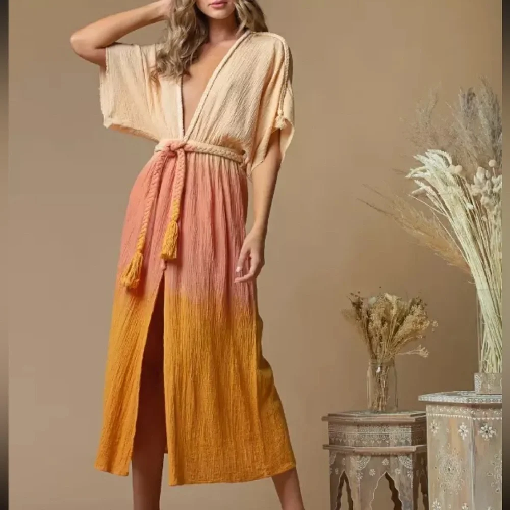 Z&L EUROPE Deep V-Neck Tassel Rope Belt Ombre Maxi Dress / Swim Cover Up - Picture 1 of 10